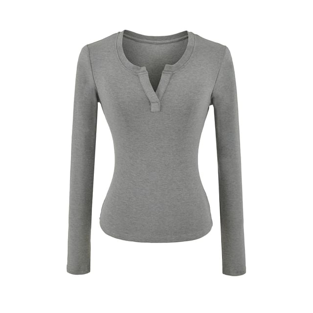 Notch-Neck Long-Sleeve Solid Basic Tee