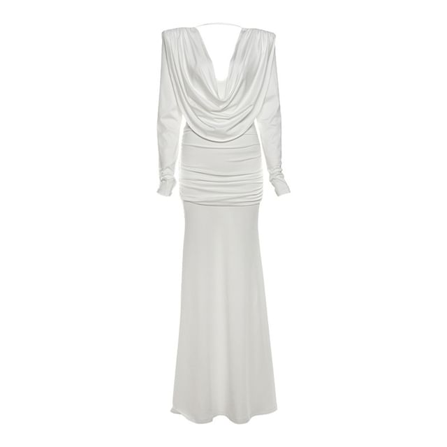 Long-Sleeve Cowl Neck Plain Open Back Maxi Sheath Dress