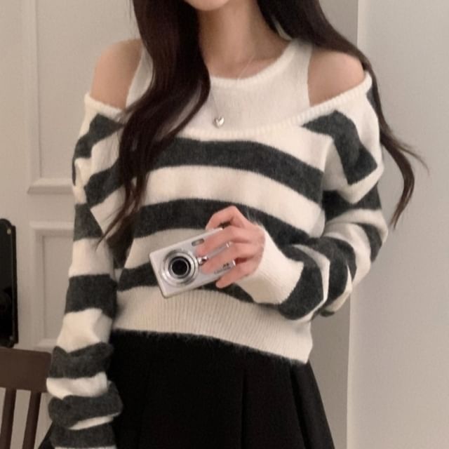 Striped Cold-Shoulder Mock-Layer Knitted Sweater