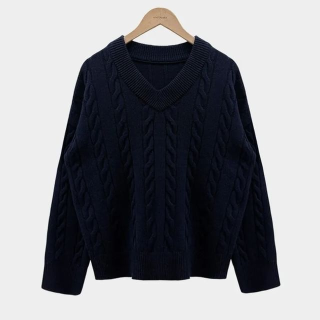 Cable-Knit V-Neck Solid Pullover Sweater
