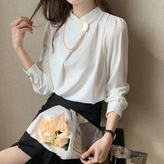 Stand-Collar Solid Long-Sleeve Blouse