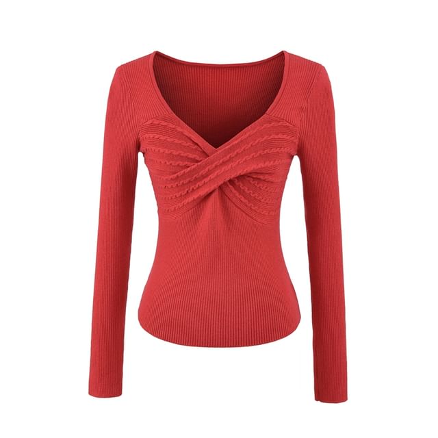 Slim-Fit Cable Knit Top with V-Neckline & Long Sleeves