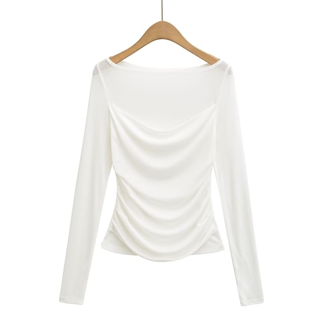 Slim-Fit Boat-Neck Ruched Tee with Mock Layered Long Sleeves