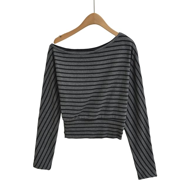 Striped Off-Shoulder Cropped Long-Sleeve Tee with Drawstring Hot Pants