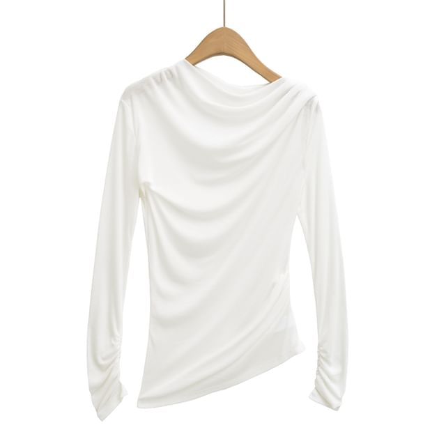 Asymmetric Ruched Slim-Fit Mock-Neck Long-Sleeve Tee