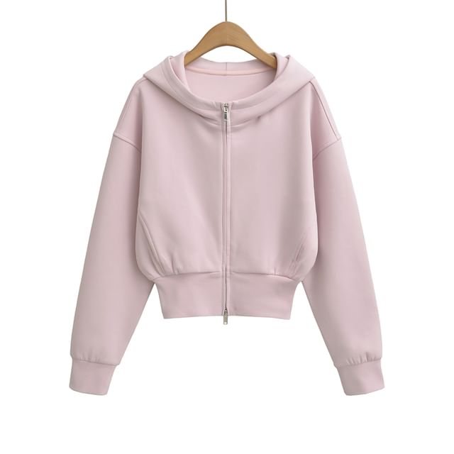 Solid Zip-Up Cropped Hooded Sweatshirt
