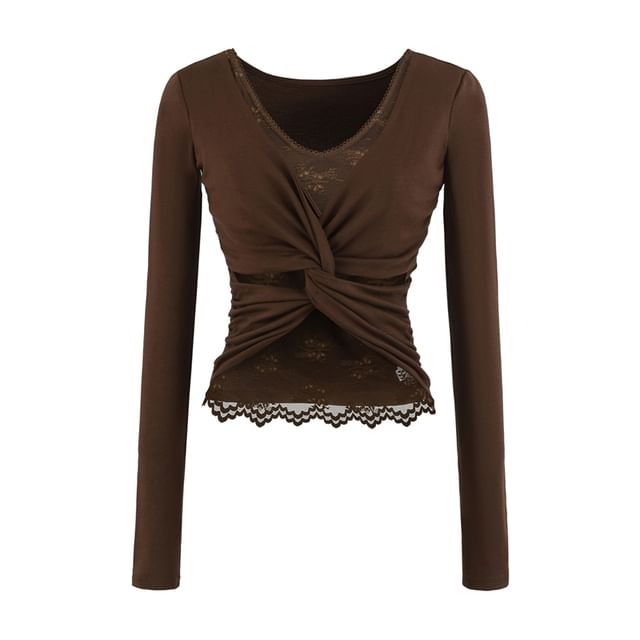 Slim-Fit V-Neck Lace-Panel Ruched Top with Mock Layered Sleeves