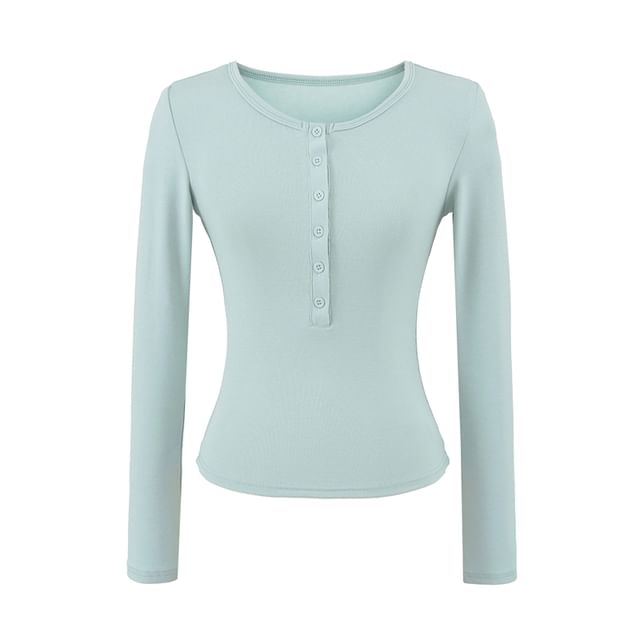 Slim-Fit Cropped Tee with Half-Button Placket, Round Neckline & Extended Sleeves