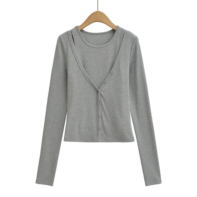 Two-Piece Set: Plain Cropped Tank with Crew Neck & Buttoned V-Neck Cardigan