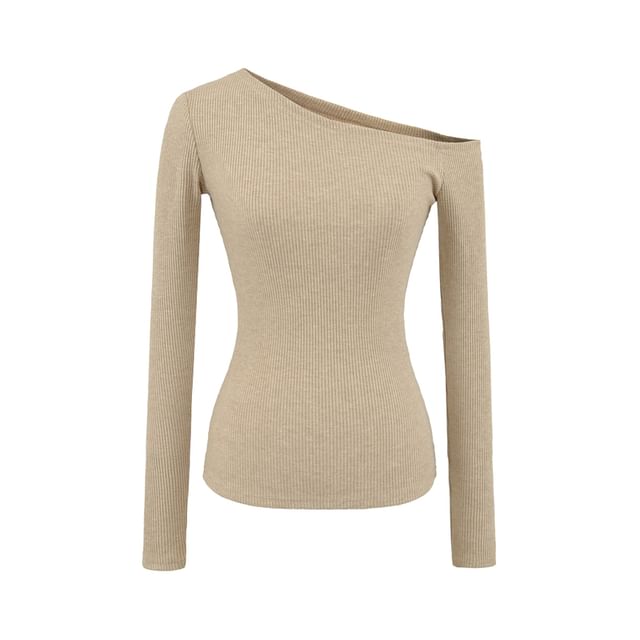 Ribbed Knit Cropped Tee with Off-Shoulder Neckline & Long Sleeves