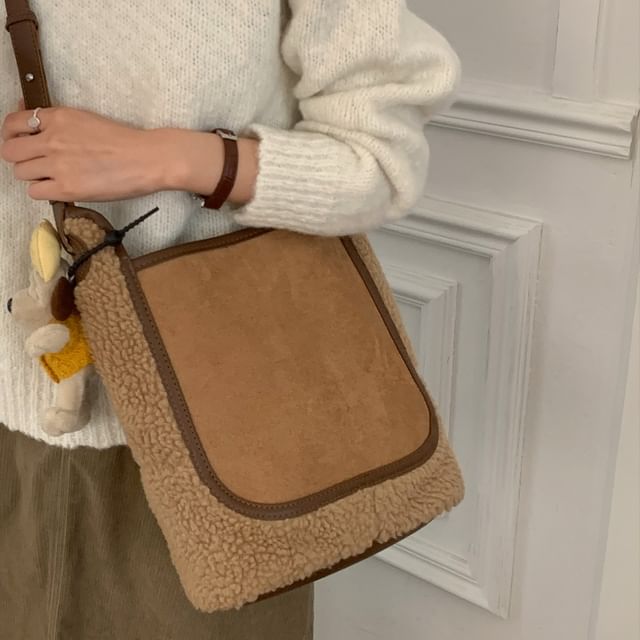 Panel Faux Shearling Crossbody Shoulder Bag