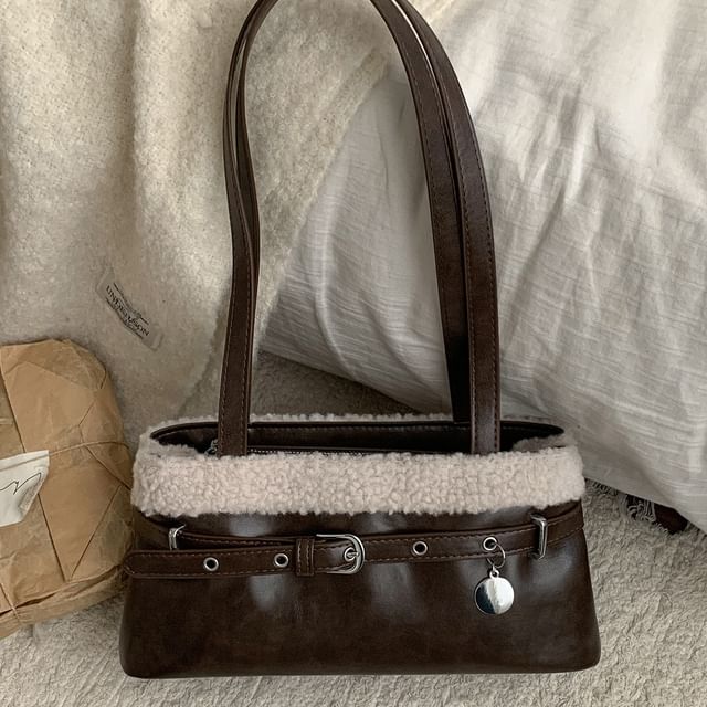 Belted Fleece Panel Faux Leather Shoulder Bag