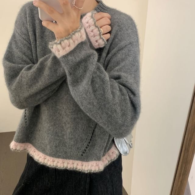 Crewneck Sweater with Lace Trim Detail