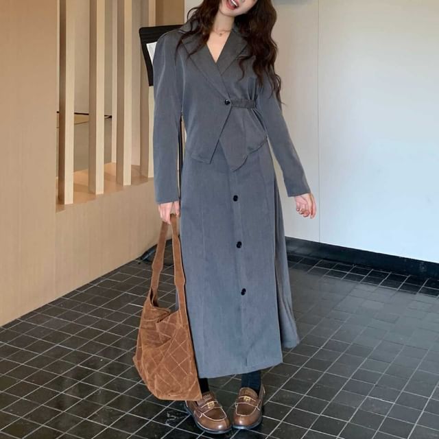 Notch Lapel Solid Single Button Wrap Blazer + High Rise Midi A-Line Skirt Set