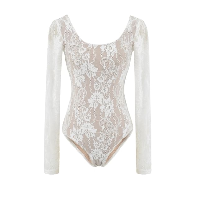 Scoop Neck Lace Bodysuit Long Sleeve