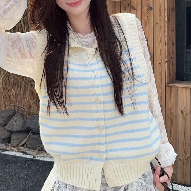 Lace Top & Collared Striped Sweater Vest