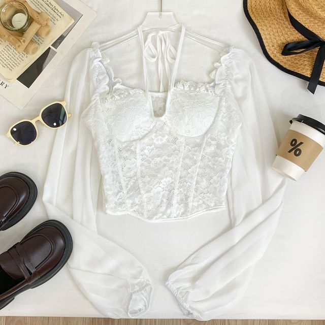 Square-Neck Puff Sleeve Lace Blouse - Chic