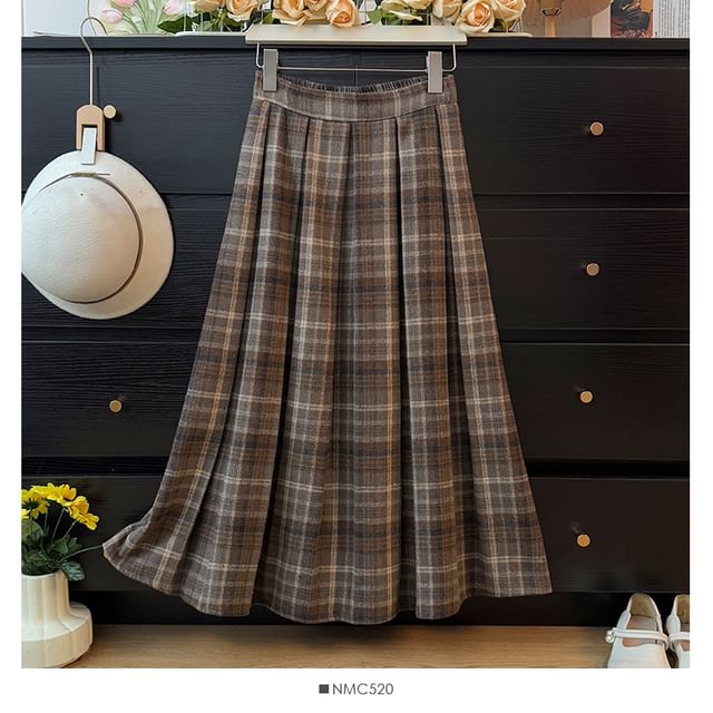 High Waist Plaid Maxi Pleated Long Skirt