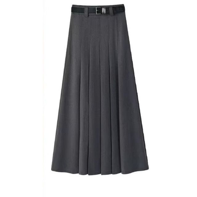 High Rise Solid Pleated Midi A-Line Skirt + Belt Set