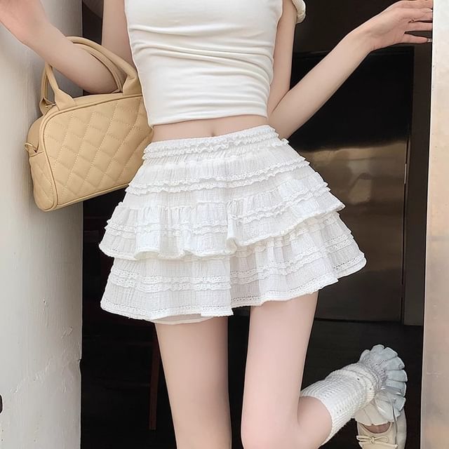 High Rise Solid Ruffle Frill Mini A-Line Skirt