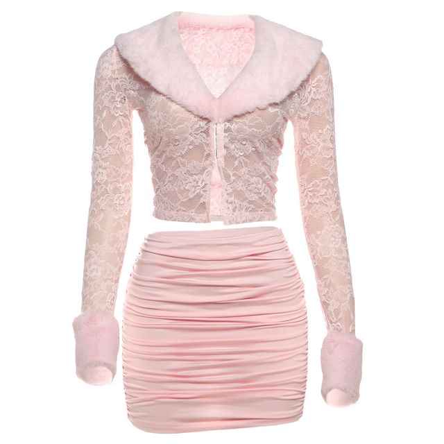 Fluffy Lace Crop Top & Mini Pencil Skirt Set