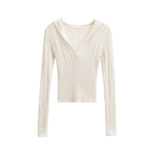 Hooded V-Neck Knit Top with Long Sleeves