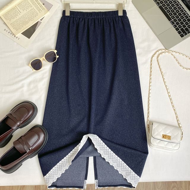 Elastic Waist Lace Trim Midi A-Line Pencil Skirt
