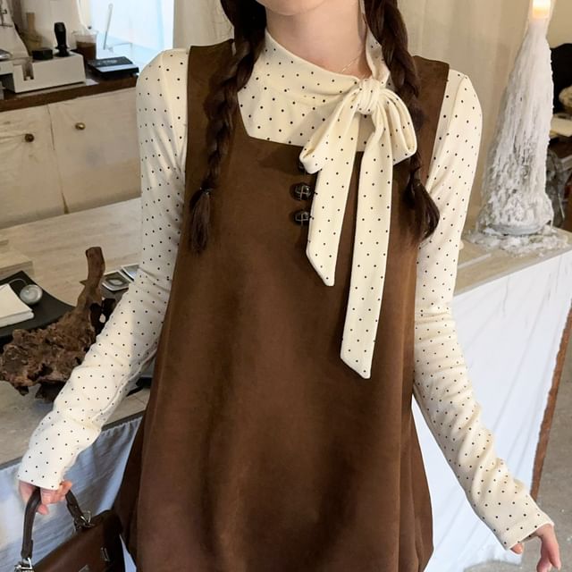 Polka Dot Mock Neck Long Tee & Square Neck Mini Dress Set