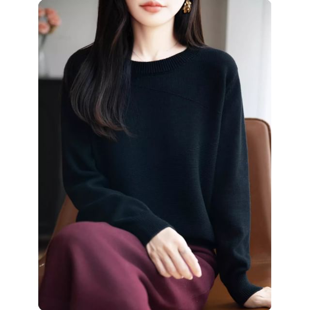 Ribbed Knit Crew Neck Sweater in Solid
