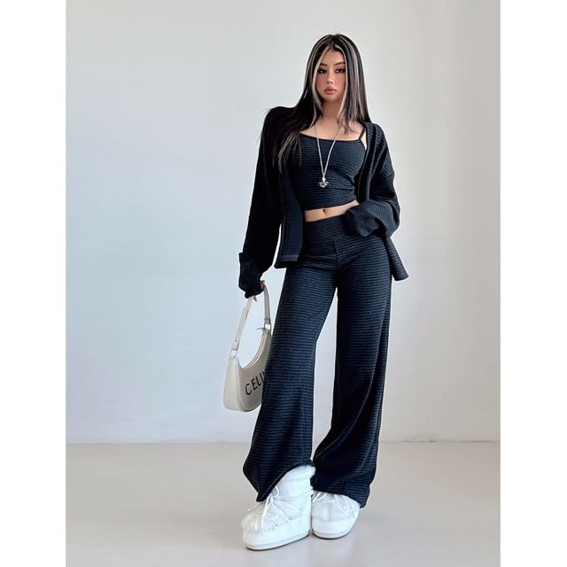 Striped Cardigan Set with Crop Cami and Wide-Leg Trousers