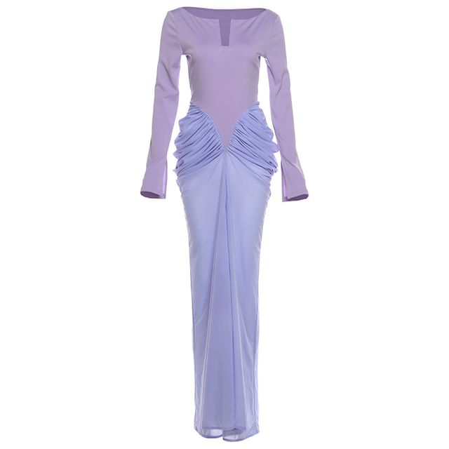 Long Sleeve V-Neck Ruched Panel Mesh Maxi Sheath Dress