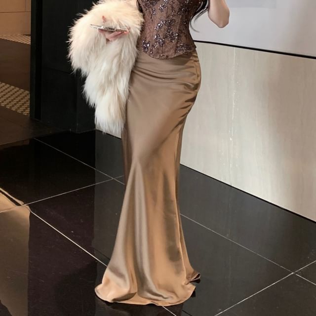 Tube Bustier Top and High Waist Satin Pencil Skirt
