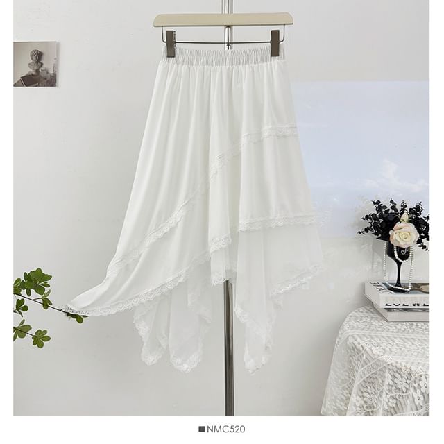 High-Waist Lace-Trim Mesh Asymmetric Hem A-Line Midi Skirt