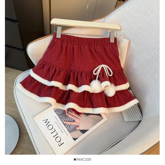 Corduroy Layered Mini Skirt with Furry Trim