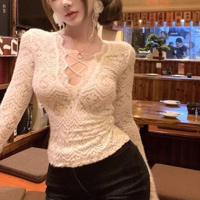 V-Neck Cutout Lace Crop Top with Long Sleeves