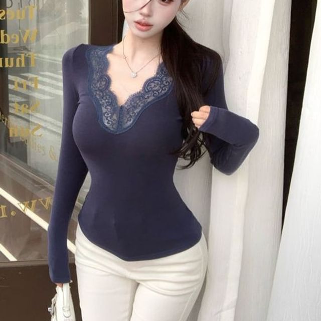 V-Neck Slim Fit Tee with Lace Panels