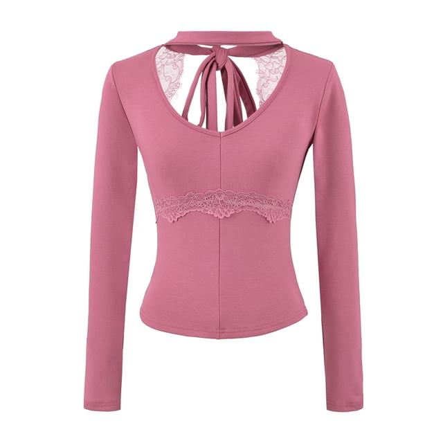 Long Sleeve V-Neck Plain Cutout Tie Back Panel Lace Top
