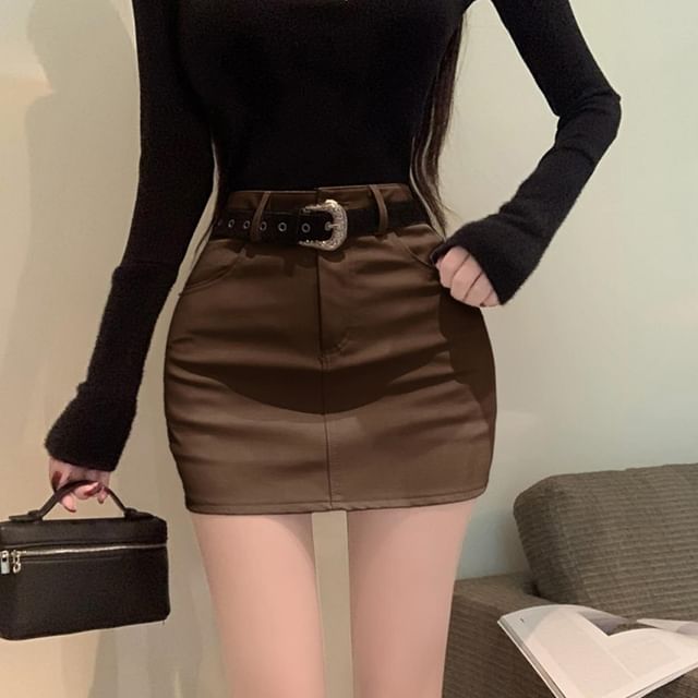 High Waist Mini Pencil Skirt Set with Faux Leather Belt