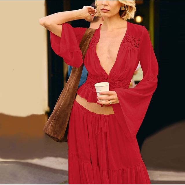 Bell Sleeve V-Neck Ruffled Blouse and Tiered Maxi Skirt Set