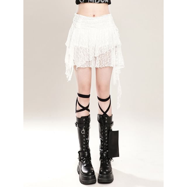 Mid-Rise Lace Asymmetrical A-Line Mini Skirt