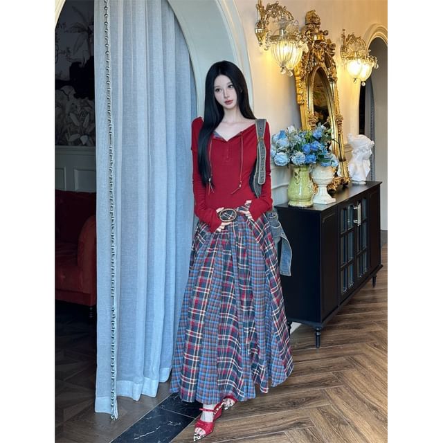Long-Sleeve Henley Plaid Panel Maxi A-Line Dress