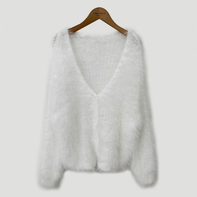 V-Neck Faux Fur Button-Up Crop Cardigan