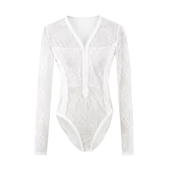 See-Through Lace Bodysuit with Half-Zip V-Neck