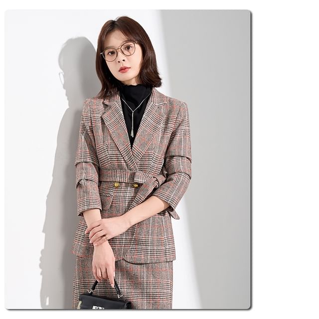 Tartan Check Blazer and Midi Pencil Skirt Set
