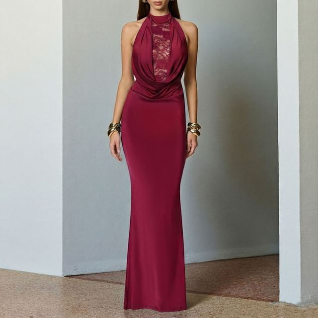 Halter Mock Neck Plain Panel Lace Maxi Sheath Dress