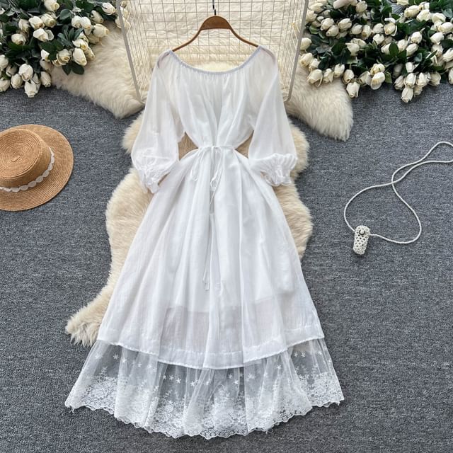 Long-Sleeve Off-Shoulder Lace Panel Tie Waist Maxi A-Line Dress