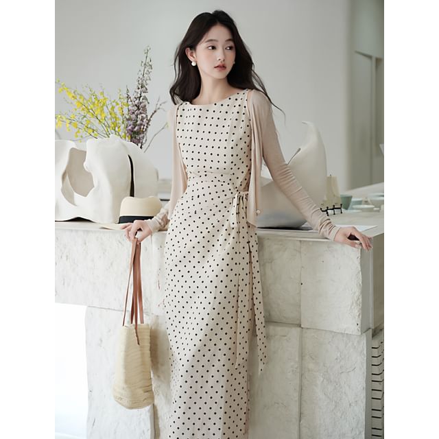 Sleeveless Round Neck Dotted Tie Waist Maxi A-Line Dress / Plain Button Up Cardigan / Set