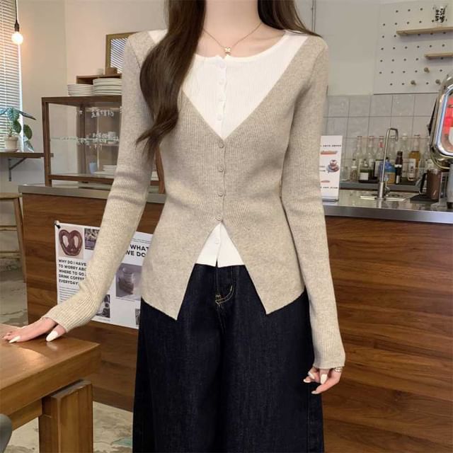 Mock Two-Piece Crew Neck Two Tone Button-Up Cardigan