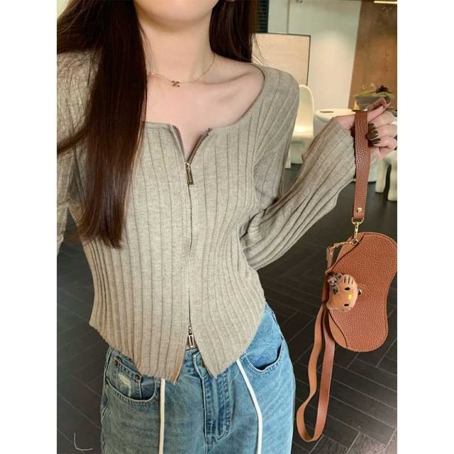 Scoop Neck Zip-Up Plain Crop Cardigan