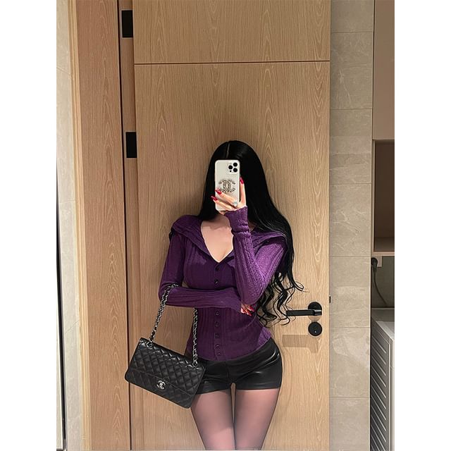 Ribbed Button-Up Turtleneck Top